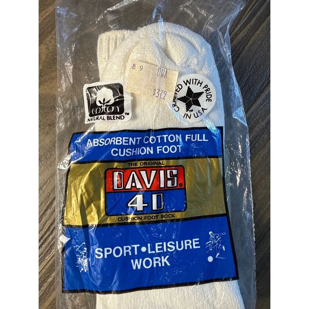 Vintage NOS Davis 4D Crew Socks Mens White Sport Work Cushion Made in USA 1 Pair